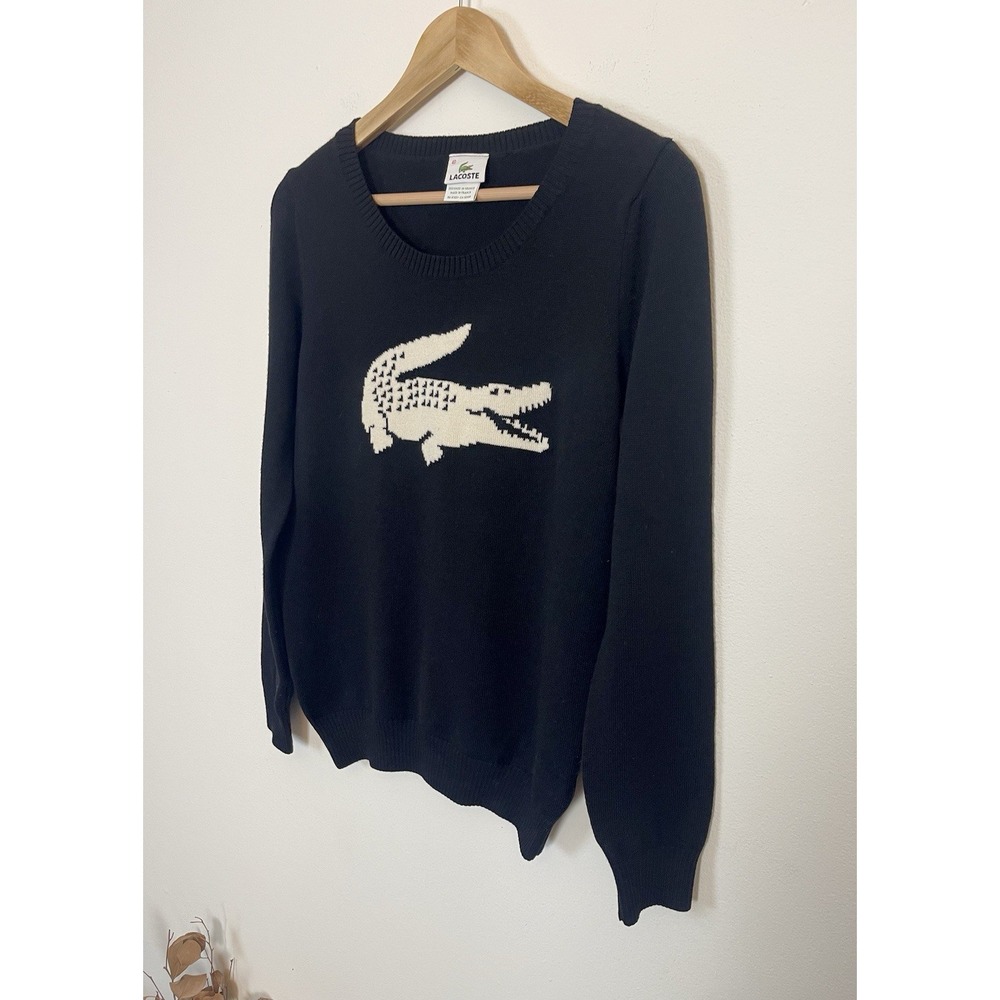 LACOSTE Vintage Big Crocodile Logo Wool Sweater Black White 8